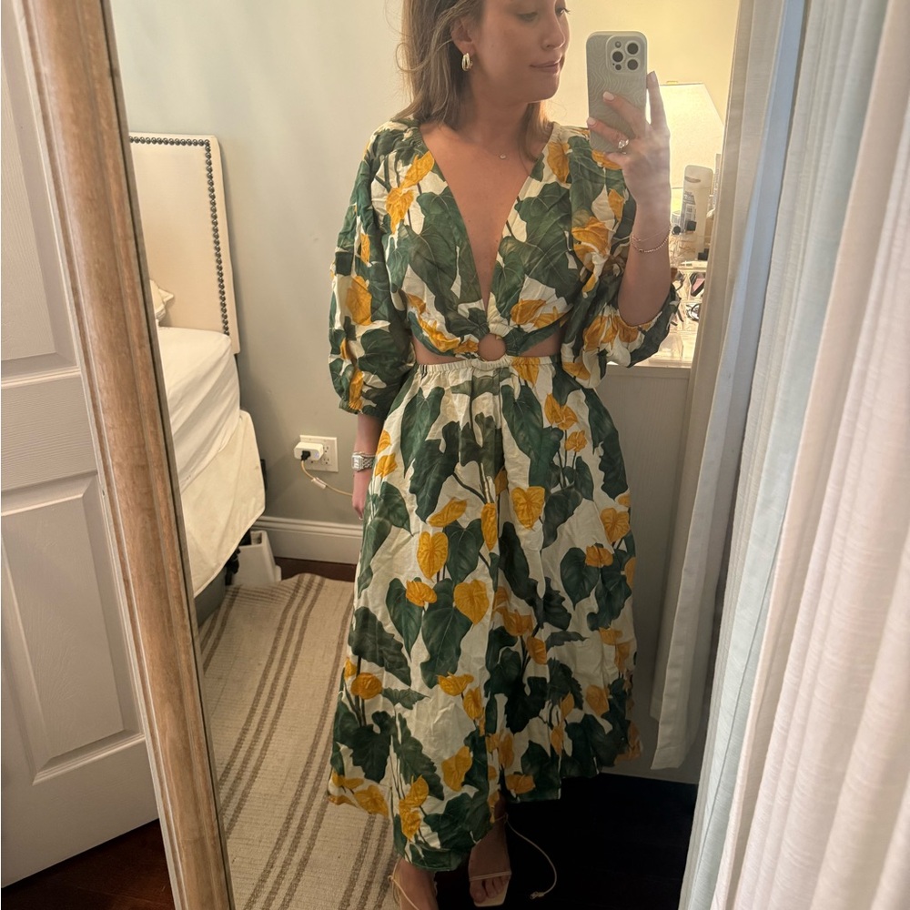 FARM Rio Green and Yellow Wrap Sundress with Dolman Sleeves